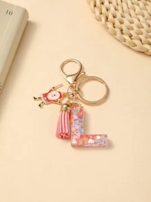 1pc Christmas Santa Claus Key Chain With Alphabet Resin Charm & Butterfly Tassel, For Girls - Pink - View 33
