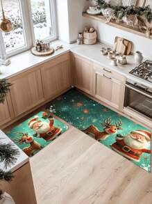 1PC/2PCS Memory Sponge Farmhouse Christmas Kitchen Carpet, Christmas Element Pattern Printing Decoration, Door Door Carpet Anti Slip Back Mat, Bedroom Bathroom Kitchen Floor Mat, Christmas Decoration