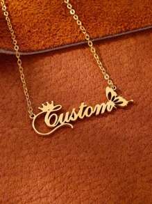 1pc Gold Custom English Name Pendant Necklace With Crown And Hollow Half Butterfly Design, Elegant Stainless Steel Necklace, Women's Birthday Jewelry Gift (Custom English Only) - Gold - View 5