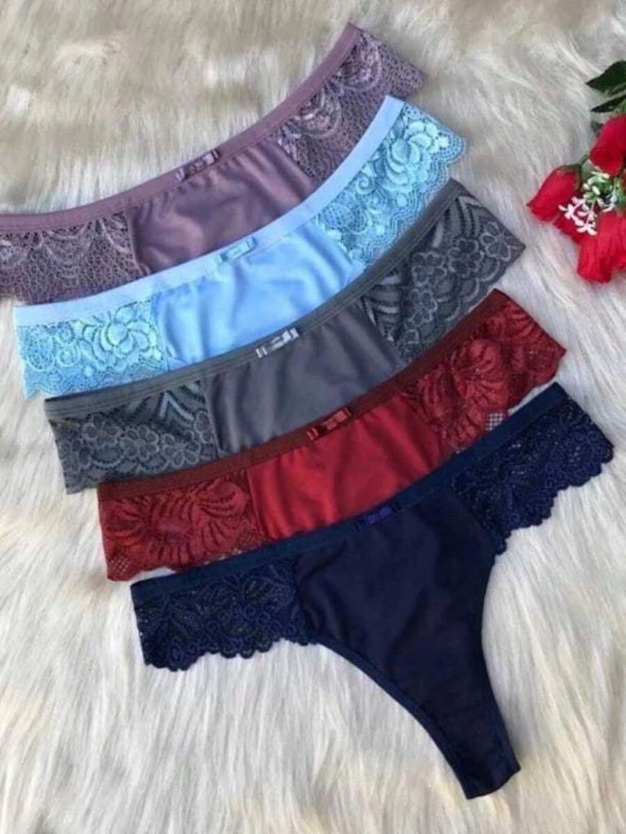 Kit Of 2 Women's Lace Side Thong Panties Sensual Sexy Comfort Everyday Lingerie - 彩色 - 查看 1