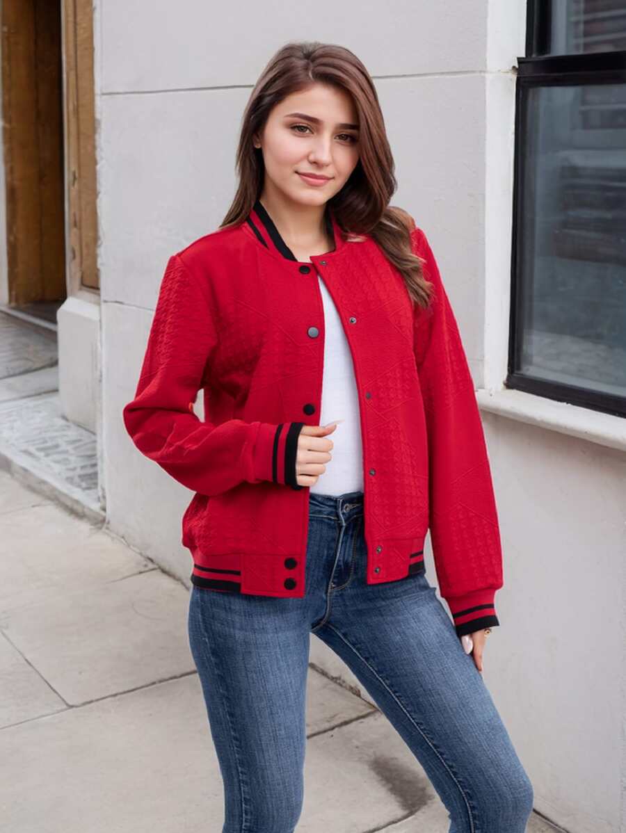 Women's Lightweight Baseball Jacket - Versatile Stitching Fabric Outerwear With Multi-Fabric Options And Unique Patterns - 紅色 - 查看 1