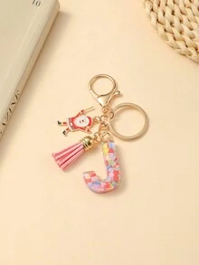1pc Christmas Santa Claus Key Chain With Alphabet Resin Charm & Butterfly Tassel, For Girls - Pink - View 21