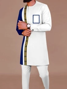 Conjunto com 2 Peças, Camisa Branca Dashiki Plus Size para Homens, Design de Manga e Bolso Contrastante, Impressão Dourada, Calça Cintura Elástica, Roupa Africana, 2 Peças Camisa e Calça Casual, Adequado para Primavera, Verão, Outono, Casamento, Festa, Encontro, Uso Diário