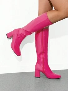 Women Gogo Boots Classic Square Toe Tall Boots Chunky Side Zipper Solid Color Versatile  Fashionable Knee High Boots - 亮粉紅色 - 查看 4