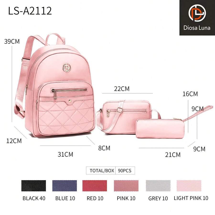 DIOSA LUNA Women's Sports Bags Backpack And Handbag Set For Women, 3 Pieces Backpacks, Women's School Backpack Set, Pure Black, Student Bag Sets With Pencil Case - 淺粉色 - 查看 1