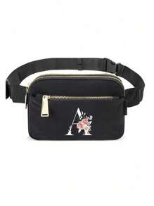This Minimalist Chest Bag, Strap Bag, Sports & Fitness Bag Features Floral & A-Z Letter Pattern Designs. It Is A Versatile Women's Wallet, Shoulder Bag, Waist Pack, Coin Purse, Small Bag, Outdoor Chest Pack, Phone Storage Pack, Multi-Functional Yoga Pocket Waist Bag, Waterproof Sports Adjustable Shoulder Bag. Suitable For Sports, Running, Travel, Hiking, And The First Day Of School, Allowing You To Be Fashionable And Organized. - Black - View 32