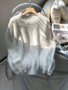 奢华蕾丝拼接毛衣 - 柔软、优雅、温暖的立领设计，长袖，适合秋冬季 - 非常适合女性日常穿着、休闲外出和特殊场合 - 白色 - 查看 2