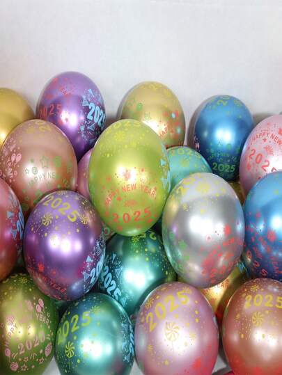 100pcs 2025 Five-Sided Metallic Colorful New Year Party Decorations, Happy New Year, New Year's Eve, Christmas, Valentine's Day, Thanksgiving, Halloween, Back To School, Home Decoration Latex Balloons Set