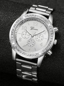 Women's Steel Strap Fashion Diamond Three-Eye Digital Dial Quartz Watch Combination Set (2pcs/Set)