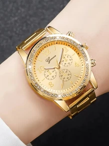 Women's Steel Strap Fashion Diamond Three-Eye Digital Dial Quartz Watch Combination Set (2pcs/Set)
