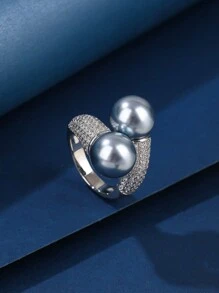 1pc Copper Material Faux Pearl Inlaid Zirconia Open Ring, Adjustable Size, Fashionable And Elegant, Suitable For Gifts And Daily/Holiday Wear For Women - 002667 - View 9