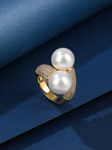 1pc Copper Material Faux Pearl Inlaid Zirconia Open Ring, Adjustable Size, Fashionable And Elegant, Suitable For Gifts And Daily/Holiday Wear For Women - 002667 - View 5