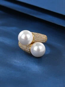 1pc Copper Material Faux Pearl Inlaid Zirconia Open Ring, Adjustable Size, Fashionable And Elegant, Suitable For Gifts And Daily/Holiday Wear For Women - 002667 - View 6