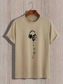 Men's Music Is Life T-Shirt With Music Print And Headphones Launch 100% Cotton Premium Mesh Shirt - 米色 - 查看 3