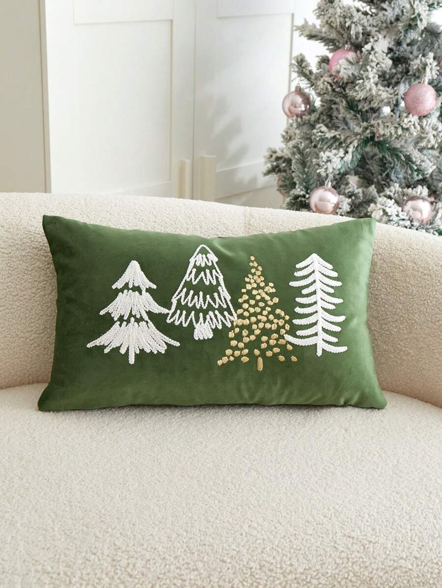 1pc Green Christmas Tree Embroidered Throw Pillow Cover, For Indoor Decor, Christmas Decoration Cushion Cover, Pillow Insert Not Included