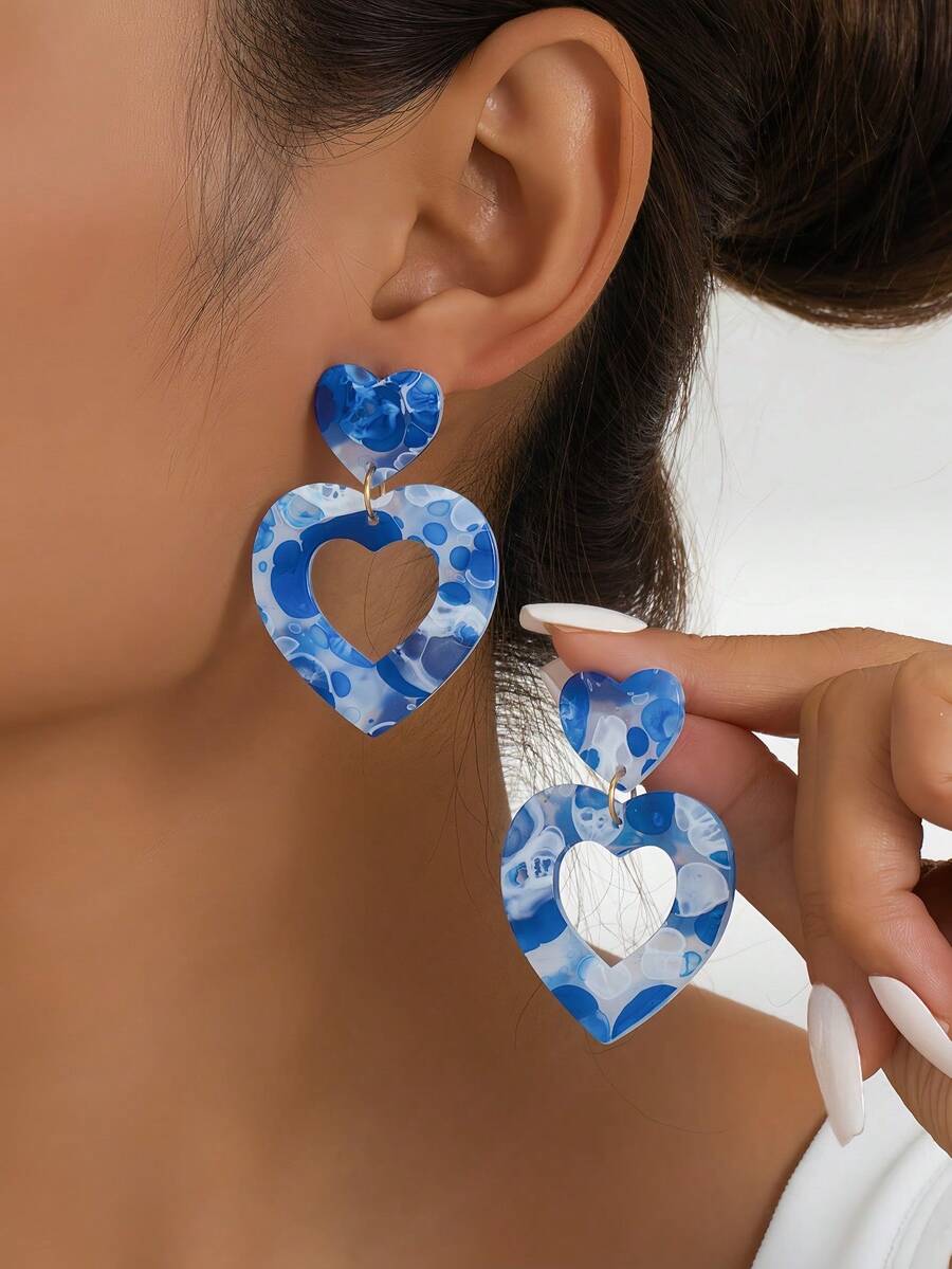 1 cặp Hoa tai hình trái tim bằng sứ Acrylic họa tiết dân tộc màu xanh và trắng thời trang, thích hợp cho phụ nữ đeo hàng ngày - Nhiều màu - Xem 1
