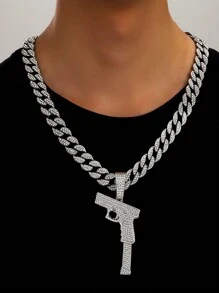 1pc European And American Style Men's Fashion Personality Hip Hop Gun Shaped Pendant Necklace With Full Rhinestones, Suitable For Jewelry Festival Parties