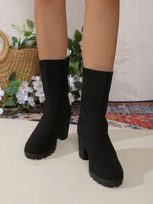 Giày bốt cổ ngắn dệt kim co giãn phong cách Châu Âu mới về mùa thu năm 2024, giày bốt ngắn ôm dáng thường ngày dành cho nữ - màu đen - Xem 5