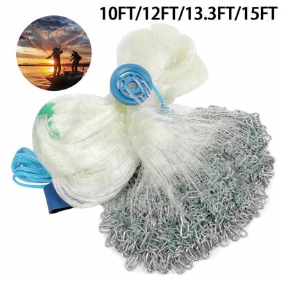 10ft/12ft/13.3ft/15ft Radius Large American Saltwater Fishing Cast Net For Bait Trap Fish, Easy Throw Thicken Nylon Line W/Upgraded Steel Chain Sinker, 5/8 Inches Mesh Size