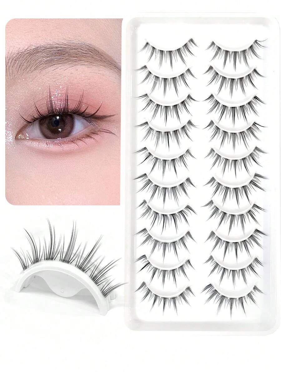 Asiteo 10 Pairs Cartoon Style Thin False Eyelashes, Makeup Delicate Lashes With Transparent Band, Natural Look For Daily Wear - 黑色 - 查看 1