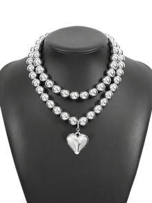 1PC Punk Cá nhân hóa dày ngọc trai hình trái tim nhiều lớp mặt dây chuyền hình cầu thời trang hàng ngày cho phụ nữ Chunky trang sức phụ kiện - Bạc - Xem 2