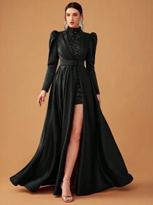 YISIKADO 优雅奢华缎面亮片泡泡袖系带长袖女式两件套礼服派对女士连衣裙