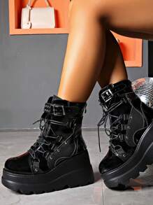 Gothic Women's Boots Punk Rivet Lace Wedge Heel Shoes Motorcycle Fight Style Comfortable Short Boots Christmas Shoes - màu đen - Xem 6