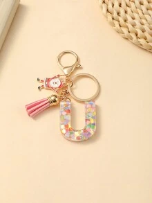 1pc Christmas Santa Claus Key Chain With Alphabet Resin Charm & Butterfly Tassel, For Girls - Pink - View 30