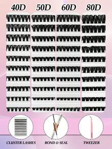 180/200 CHIẾC Lông mi giả dạng chùm mềm mại DIY 40D50D60D80D Bộ cụm mi Bộ nối mi kèm nhíp và cọ dán - Nhiều màu - Xem 6