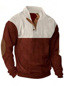Men's Contrast Color Button Up Collar Long Sleeve Casual Loose Polo Shirts, Spring & Autumn - Red - View 7