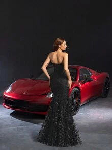 Faeriesty 新娘露肩美人鱼风格婚纱，带花卉贴花和薄纱拼接，优雅的新娘礼服，适合婚礼仪式、新娘写真拍摄、教堂婚礼、复古主题婚礼、目的地婚礼