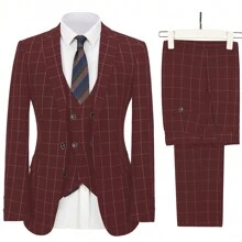 Mens Suit 3 Piece Suit Plaid Double Breasted Formal Business Wedding Prom Suit Male Groom, Blazer+Vest+Pant - Màu Đỏ Sâu - Xem 2