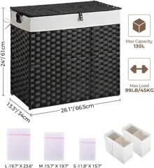 GREENSTELL Laundry Hamper With Lid, No Install Needed, 130L Wicker Laundry Baskets Foldable 2 Removable Liner Bags, 2 Section Clothes Hamper Handwoven Rattan Laundry Basket With Handles, Gray - Black - View 4