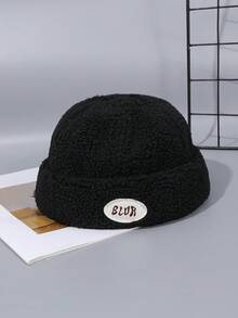 1 件装男士纯色字母装饰羊毛保暖可调节抽绳时尚无檐便帽，适合休闲、街舞搭配 - 純色 - 查看 13