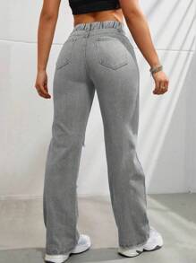 Jeans casuales rectos con efecto desgastado y estampado de mariposa para niña preadolescente