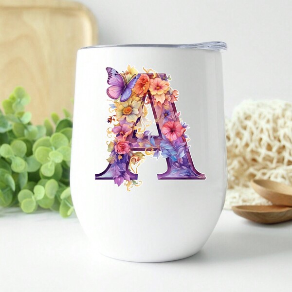 1 pieza Vaso de viaje aislado con tapa, en forma de huevo, de acero inoxidable de 12 onzas, con estampado de mariposa y flor, un gran regalo para familiares y amigos