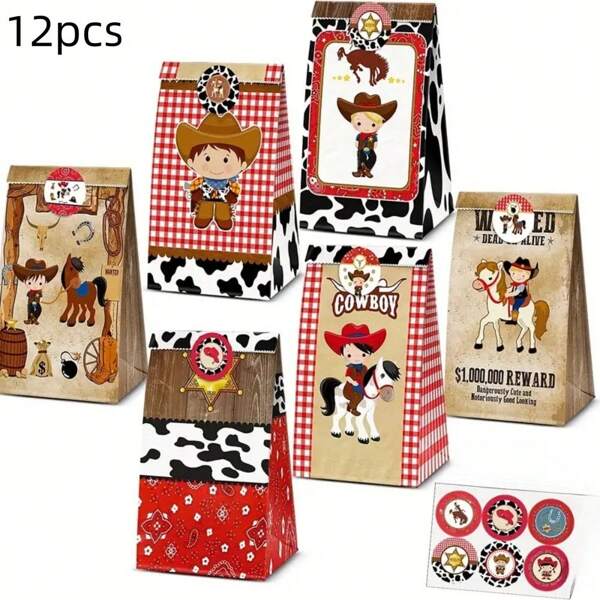 12pcs Western Cowboy Theme Party Gift Bags, For Mother's Day, Bridesmaid Gifts, Graduation Gifts, Birthday Gifts, Wedding Gifts,Birthday,Bride,Wedding