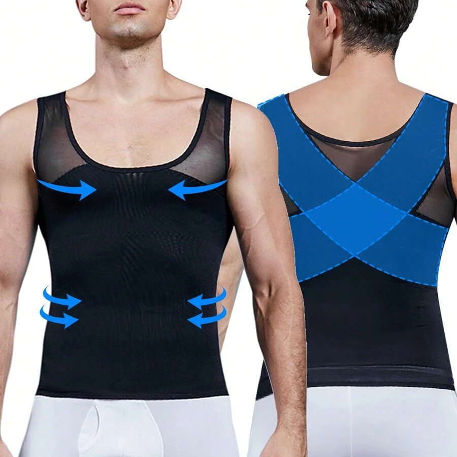 Men's Shapewear Vest Tank Top Tummy Control Body Shaper Chest Compression Shirt To Hide Gynecomastia Moobs Underwear Undershirts - 黑色 - 查看 1
