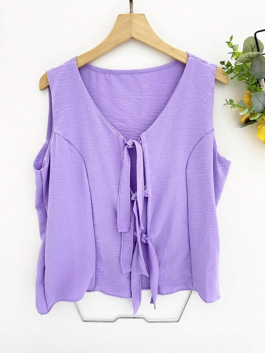 Blouse With Front Opening And Bow Tie, Summer - 紫丁香色 - 查看 1