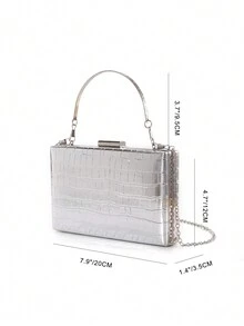 Bolso de mano minimalista y elegante de piel de imitación de cocodrilo con textura, con cadena de metal, para uso diario y citas - Plateado - Ver 2