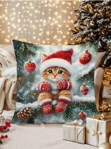 1 Stück Weihnachts-Kissen-Bezug mit Motiv von Weihnachtskatze, Weihnachtsbaum und Schneehäuschen, moderne Stoff-Plüsch-Muster Kissenhülle für Weihnachten, Wohnzimmer, Sofa, Heimdekoration, ohne Füllung