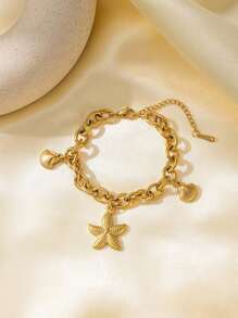 2 件不锈钢海滩风格海星和贝壳串珠手链，2024 年欧美新款夏季系列，女性最爱的金色珠宝