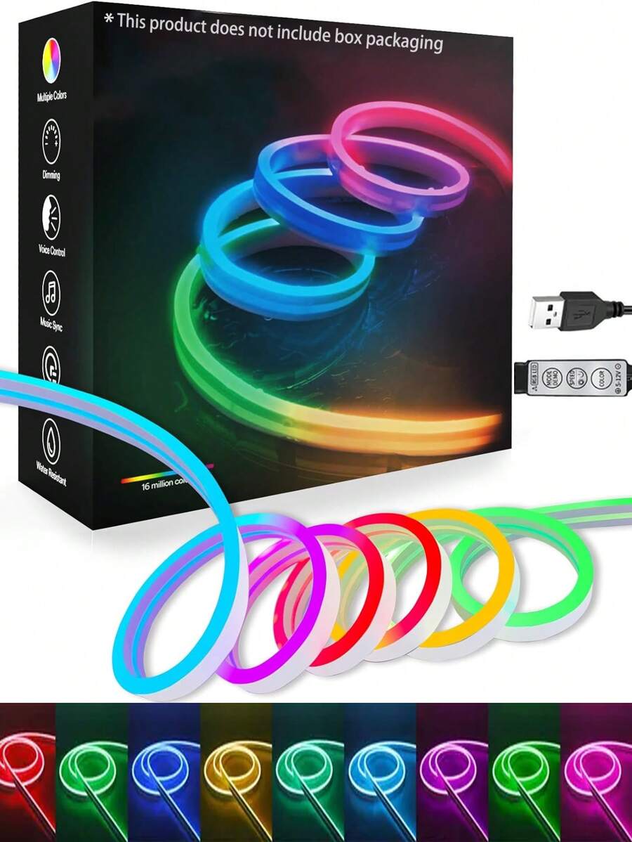 3,28 ft / 6,56 ft / 9,84 ft / 13,12 ft / 16,4 ft Benzi de lumini LED cu neon, bandă LED flexibilă RGB, iluminare de fundal pentru interior TV, întrerupător cu 3 taste, decor DIY, ornament de Crăciun, material PVC, temă de sărbătoare, LED flexibil RGB benzi