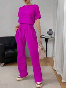 Women's 2-Piece Sweatshirt Set Shirt T-Shirt High-Waisted Pants Elastic Waist Collection National Shipping Discounts - 紫色 - 查看 3