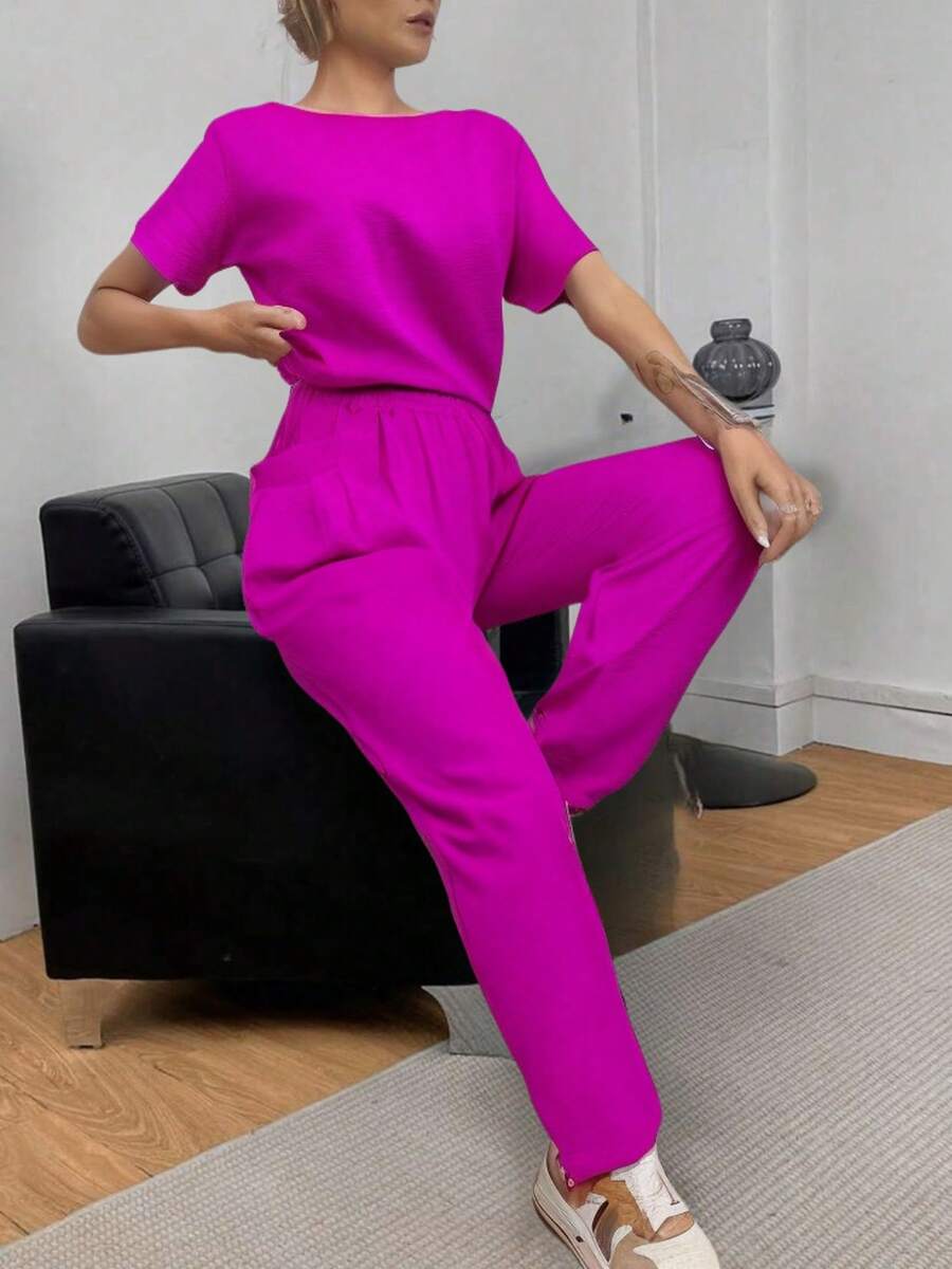 Women's 2-Piece Sweatshirt Set Shirt T-Shirt High-Waisted Pants Elastic Waist Collection National Shipping Discounts - 紫色 - 查看 1