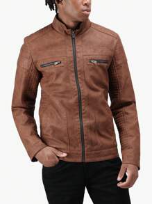 Men's PU Leather Jacket With Hood And Faux Shearling Lining - 譚 - 查看 6