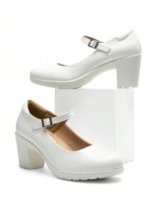 Women's Chunky Low Block Heels Mary Jane Pumps  Closed Round Toe Comfortable Elegant Work Office Dress Wedding Shoes - 白色-PU - 查看 5