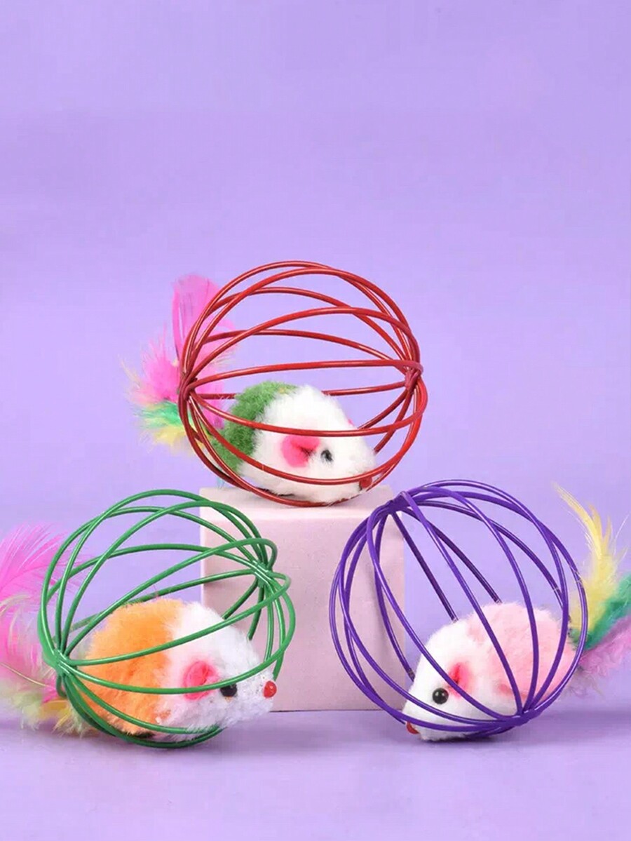 1pc Pet Cat Toy Ball Cage With Mouse, Wire Ball Cat Toy for Sale