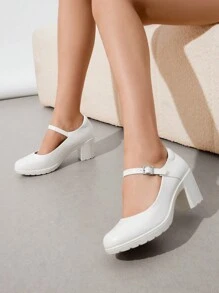 Women's Chunky Low Block Heels Mary Jane Pumps  Closed Round Toe Comfortable Elegant Work Office Dress Wedding Shoes - 白色-PU - 查看 2