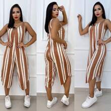 Striped Jumpsuit One Size Fits All Sizes 40 To 44 - 駝色 - 查看 4
